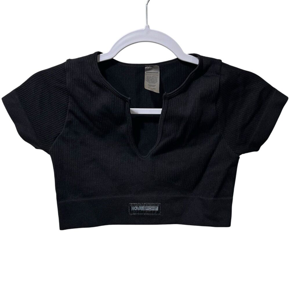 Nova Sport Fashion Nova Black Seamless Ribbed Crop Top Notch Neck Athletic S